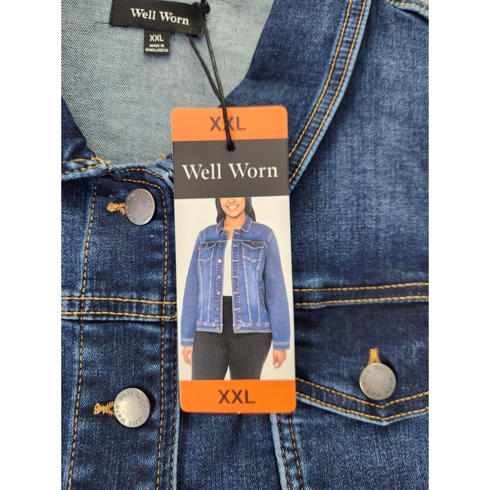 NWT Well Worn Women Denim Trucker Biker Jacket Dark‎ Wash Blue Size XXL Pockets